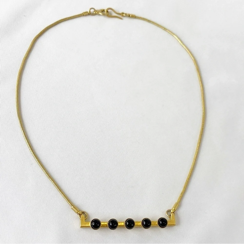Madewell Gold-tone Brass With Black Cabochons Bar Necklace Hook Clasp 19” - Picture 2 of 10
